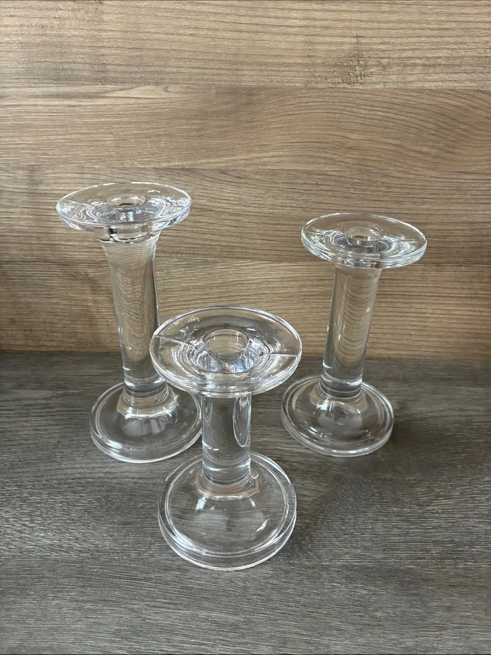 Vintage Clear Glass Candlestick Set of 3, Mid Century Modern Decor